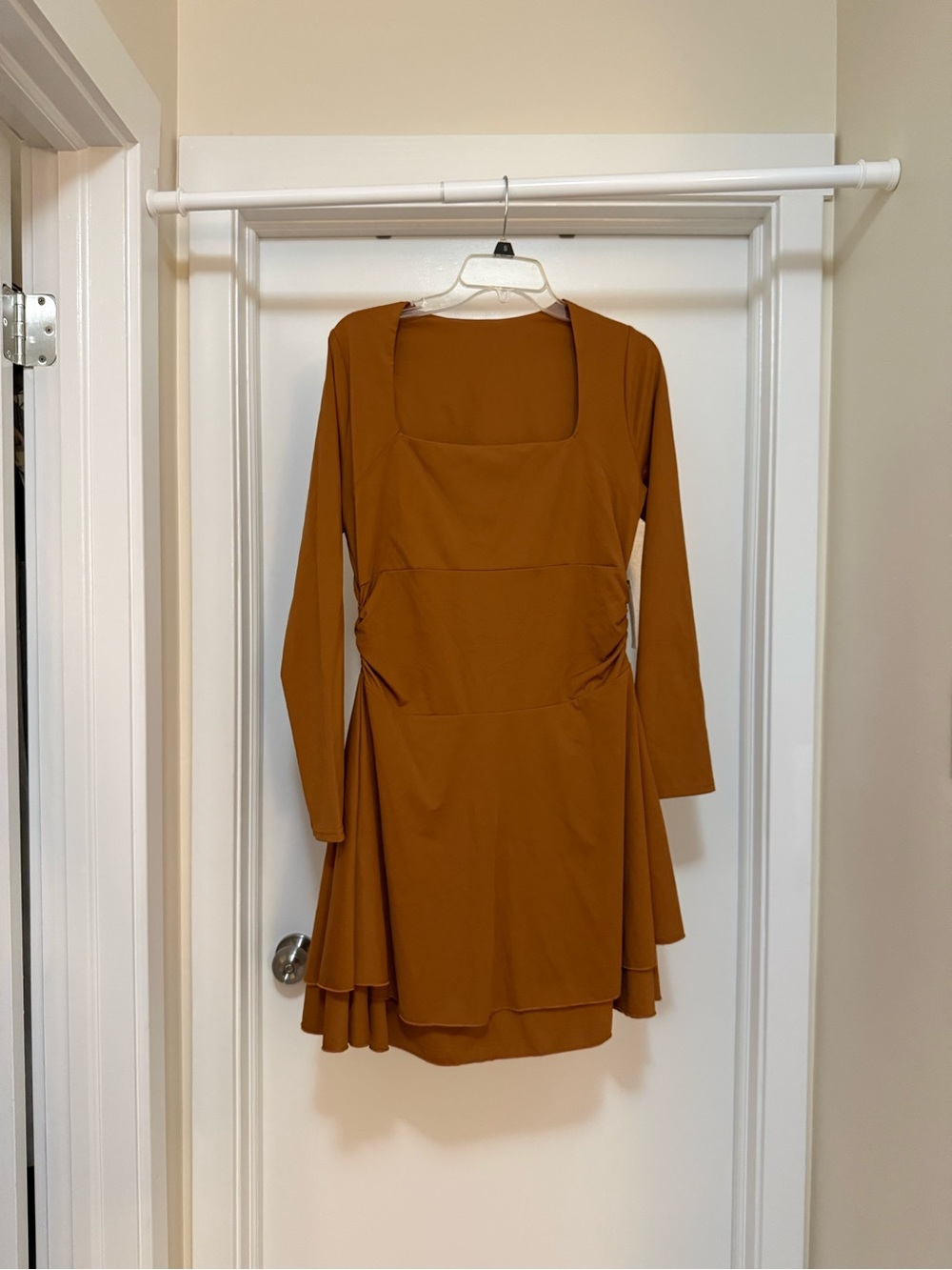 Square-Neck Long-Sleeve Mini Dress in Rust